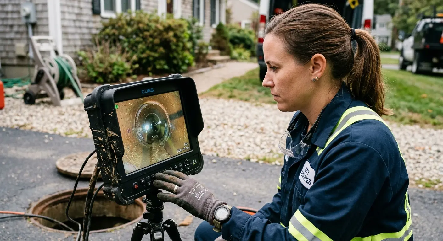 Technician reviewing sewer camera inspection footage in Cullowhee