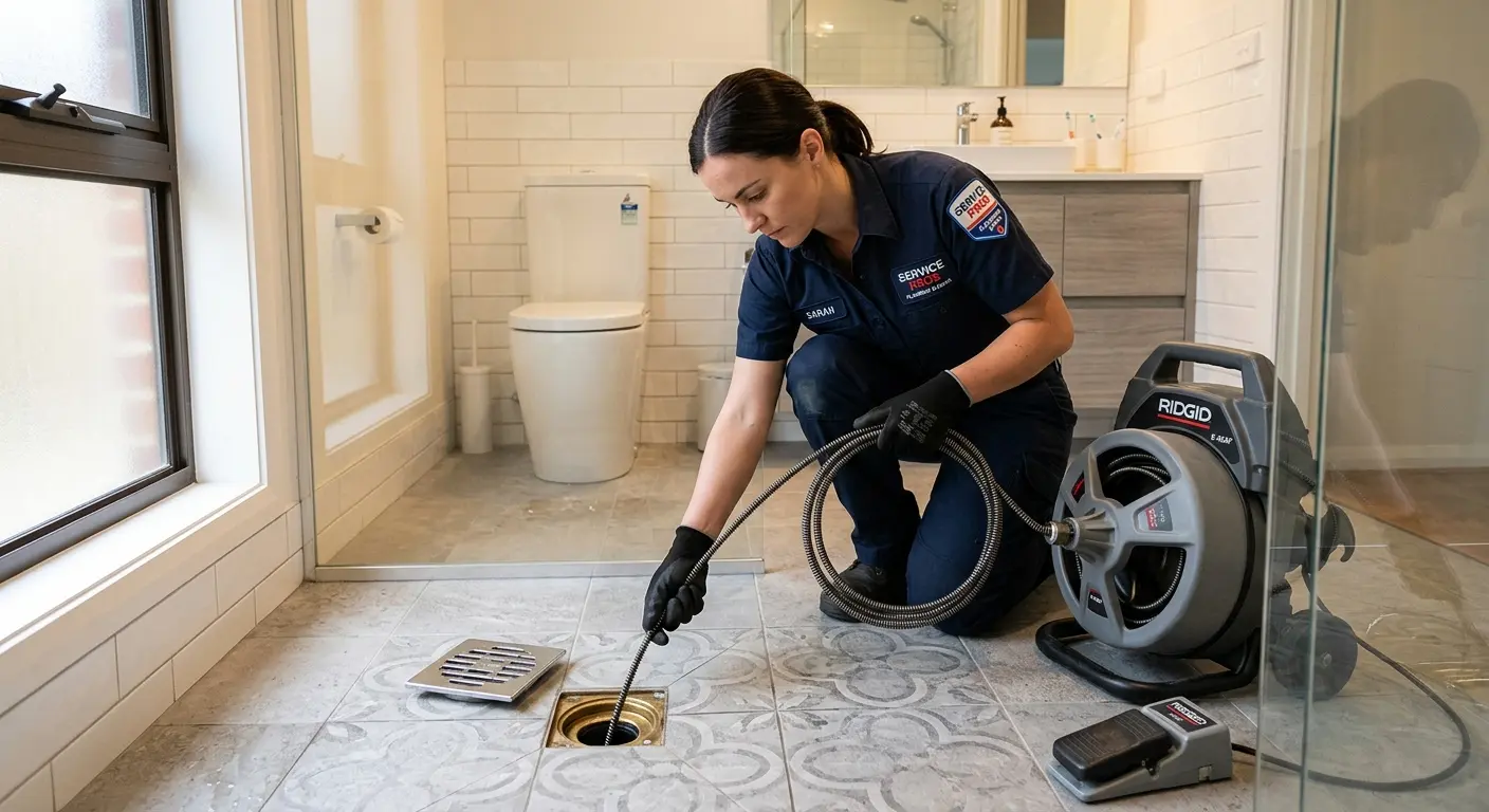 Technician clearing a bathroom floor drain for Clogged Drain Repair in Cullowhee